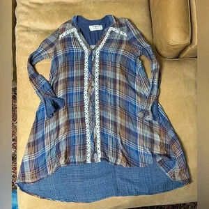 HOLDING HORSES Blue and Brown Plaid High Low Dress